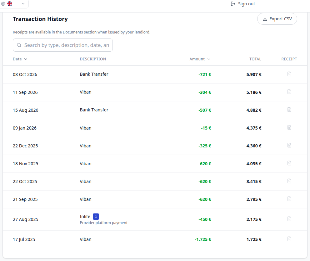 Tenant Portal — Transaction History table showing Viban rows next to Bank Transfer
