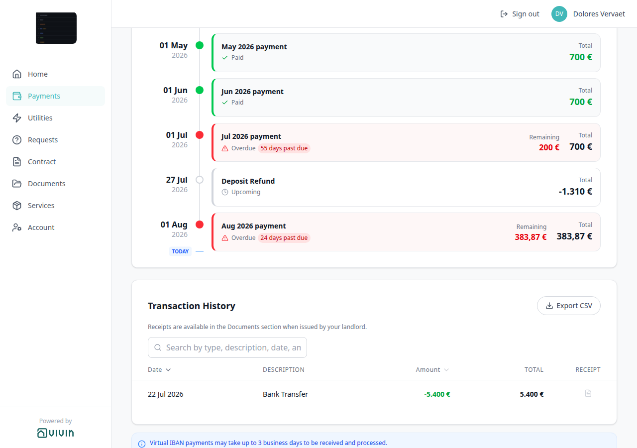 Tenant Portal — Payments Transaction History with the Virtual IBAN 3-business-days notice