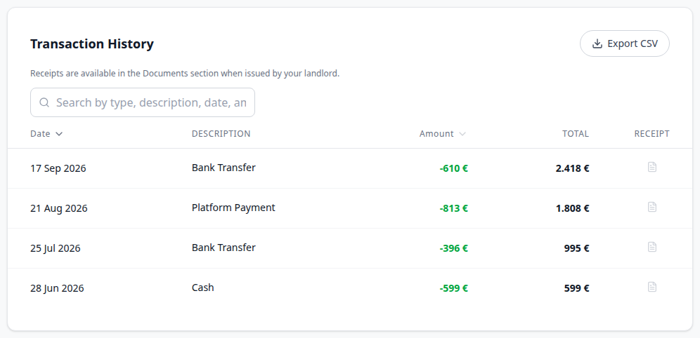 Tenant Portal — Transaction History heading, search, Export CSV, and ledger rows