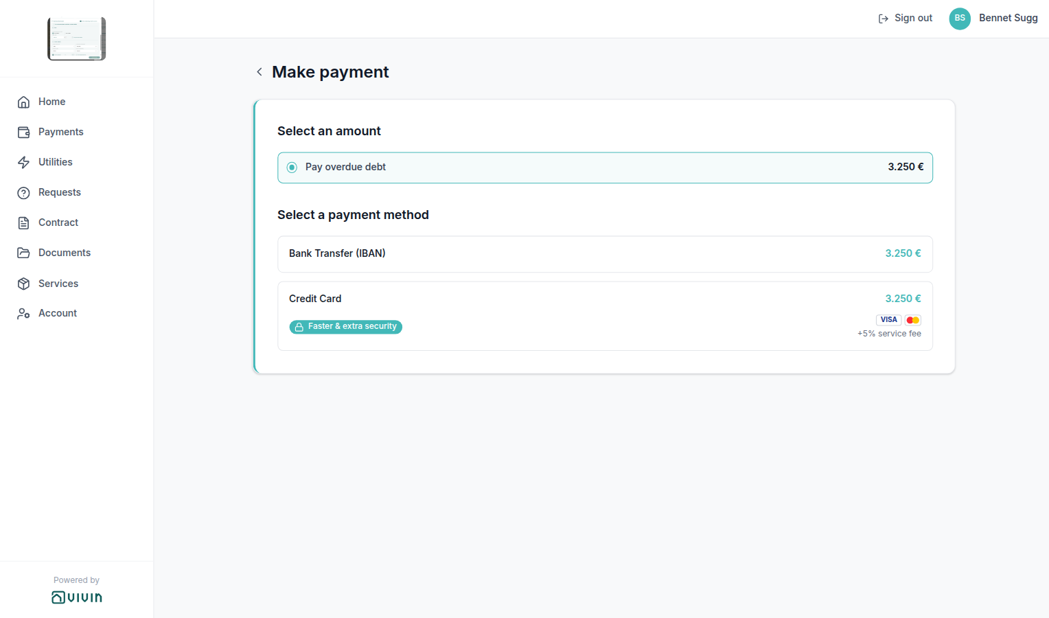 Tenant Portal — Make payment amount radios and payment-method tiles