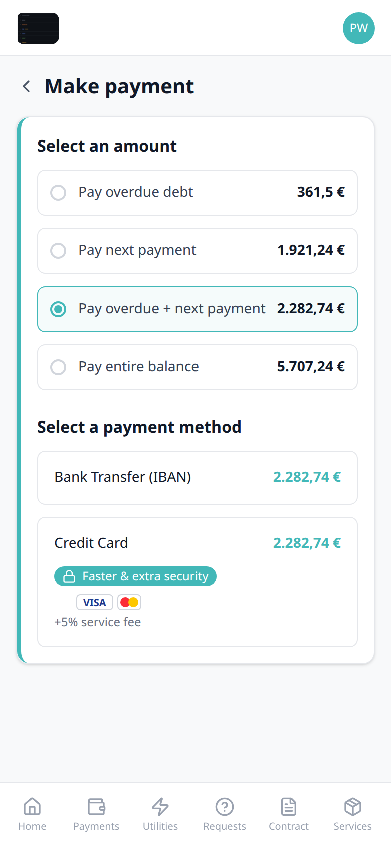 Tenant Portal — phone Make payment with the back chevron