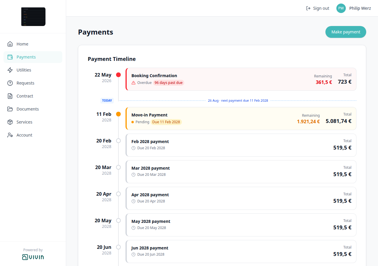 Tenant Portal — Payments after leaving Make payment opened from Payments