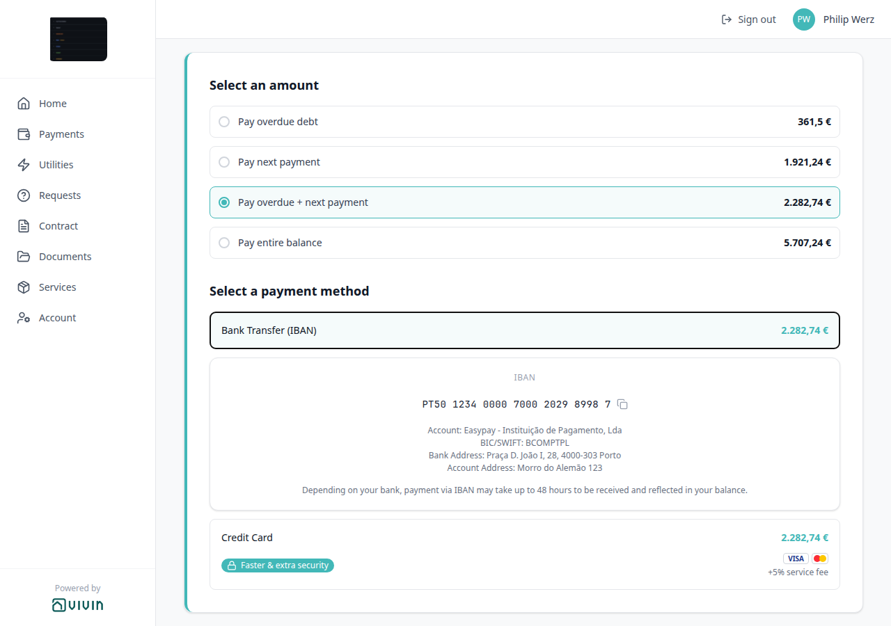 Tenant Portal — Make payment with Bank Transfer expanded and the virtual IBAN copy icon