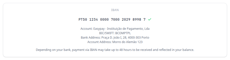 Tenant Portal — virtual IBAN copied, green check next to the number