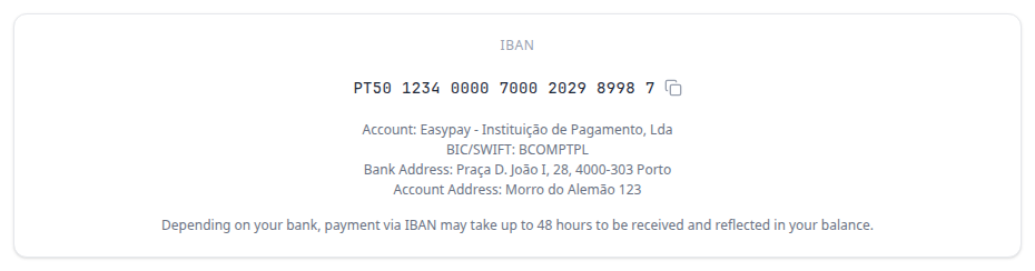 Tenant Portal — virtual IBAN panel with grey copy icon