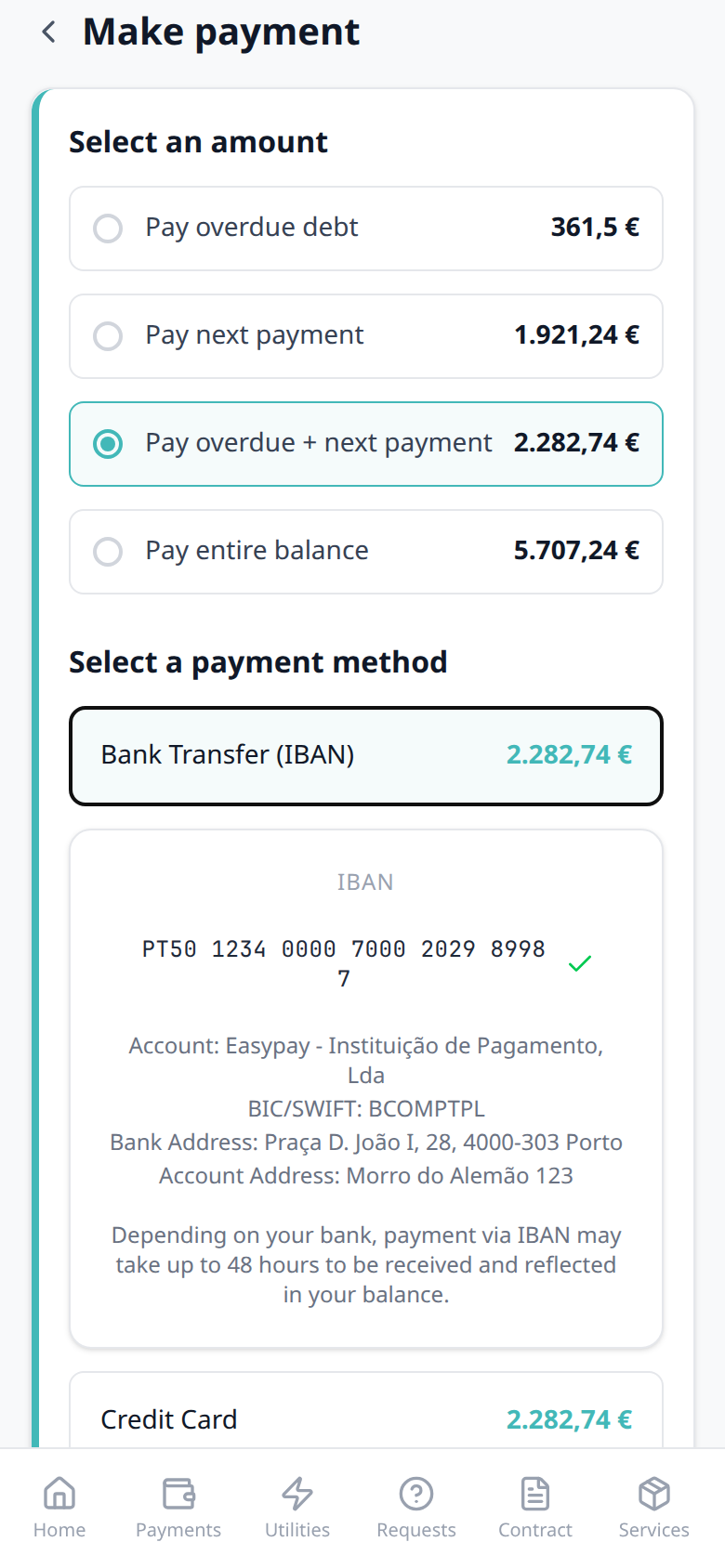 Tenant Portal — phone Make payment after copying the virtual IBAN