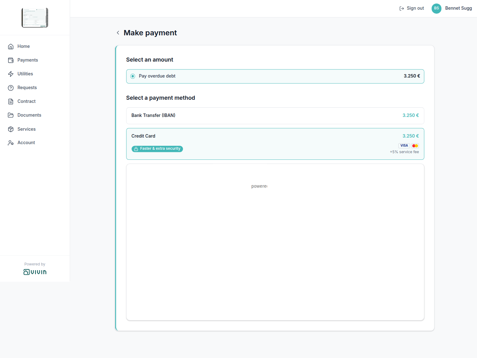 Tenant Portal — Credit card checkout embedded in the Make payment screen