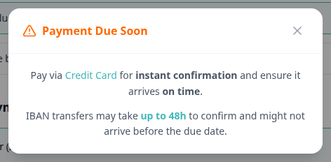 Tenant Portal — Payment Due Soon dialog recommending Credit Card for instant confirmation