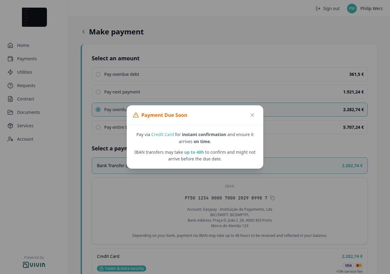 Tenant Portal — Make payment with Payment Due Soon over Bank Transfer