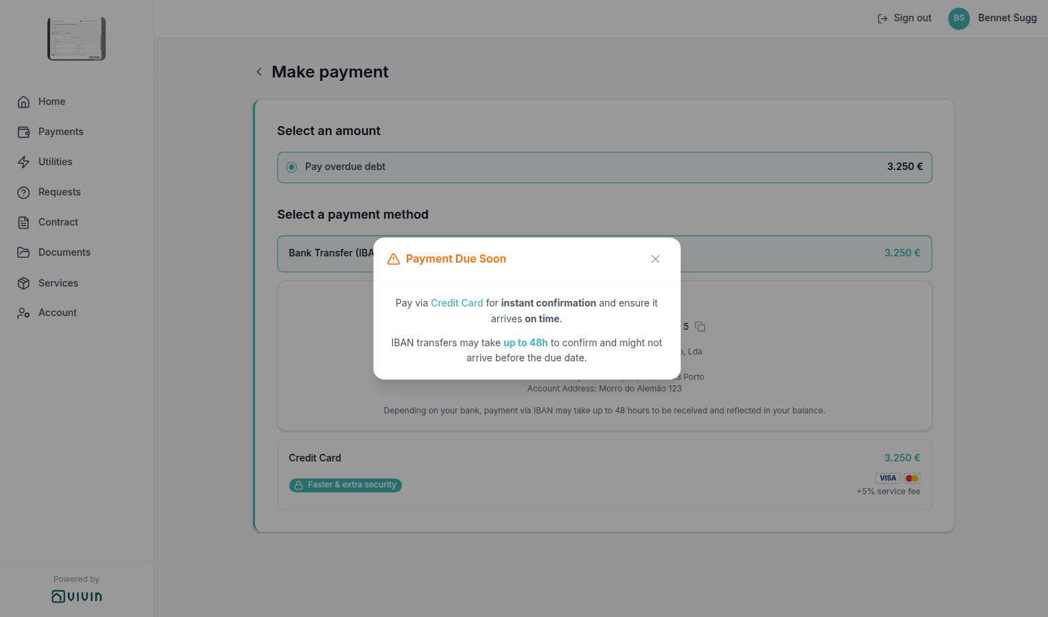 Tenant Portal — Payment Due Soon modal when bank transfer is opened