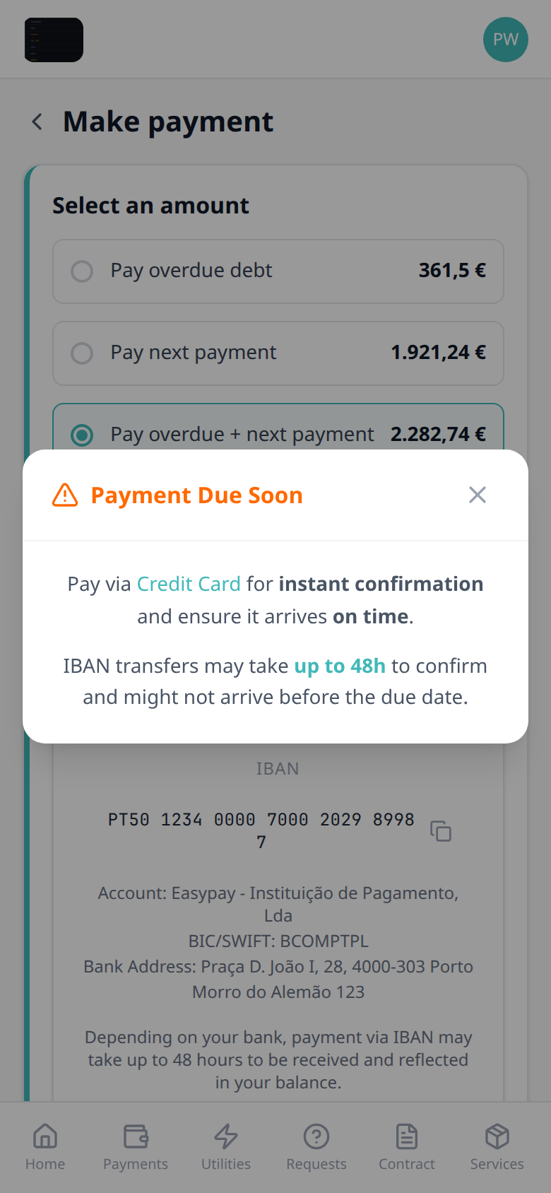 Tenant Portal — phone Make payment with Payment Due Soon