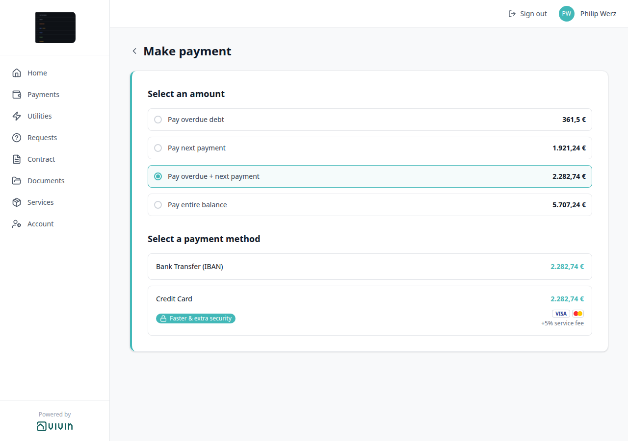 Tenant Portal — Make payment Select an amount with Pay overdue + next payment selected