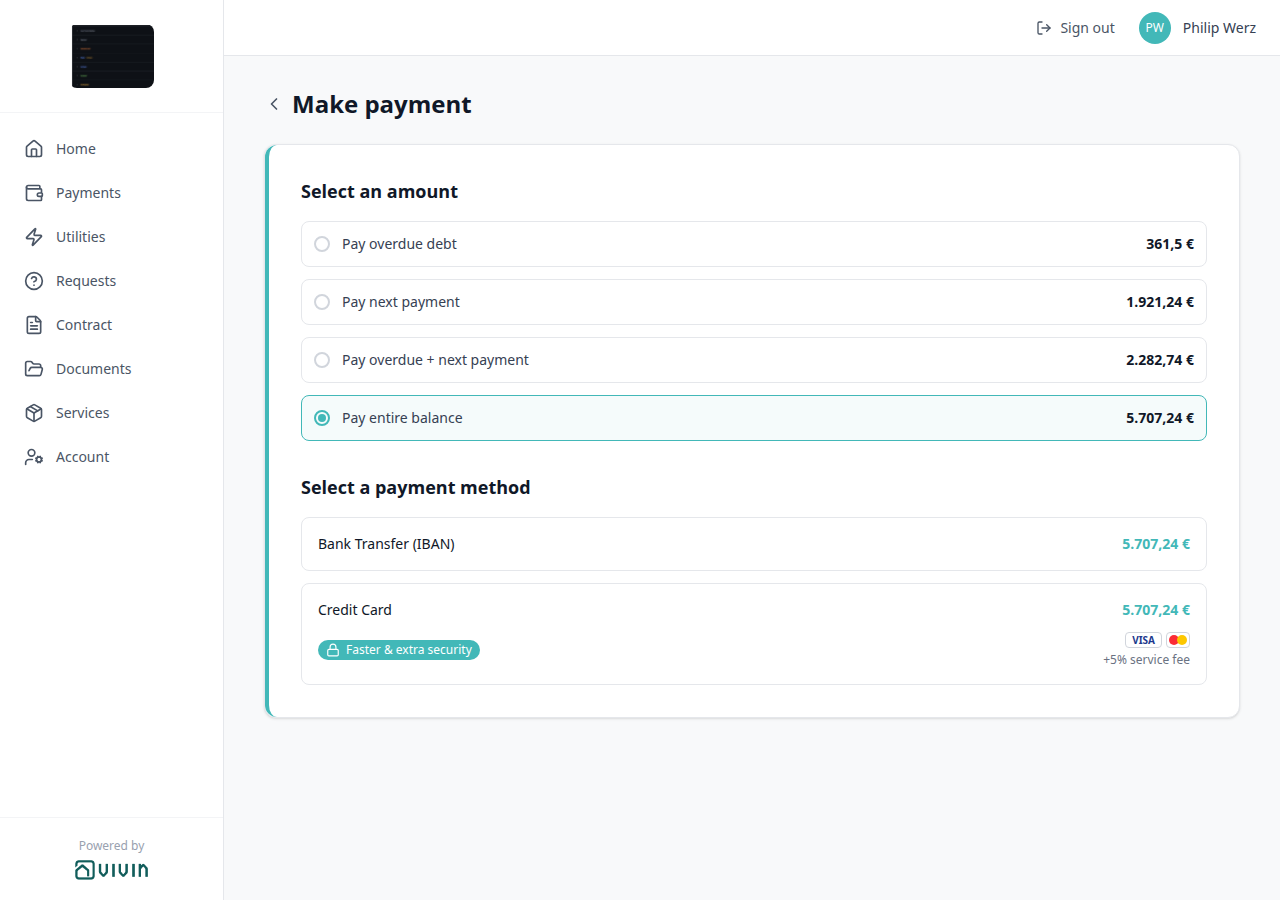 Tenant Portal — Make payment with Pay entire balance selected