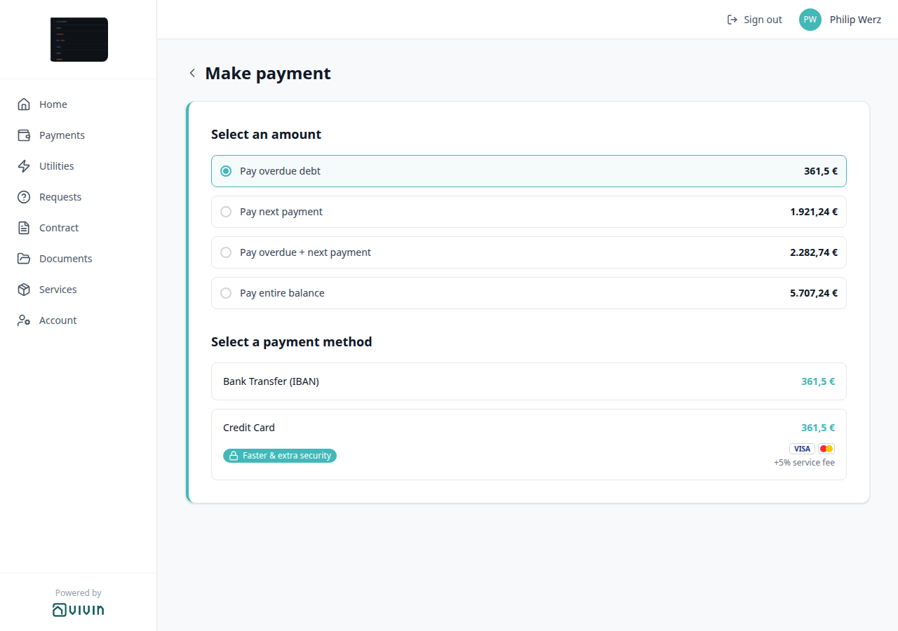 Tenant Portal — Make payment with Pay overdue debt selected