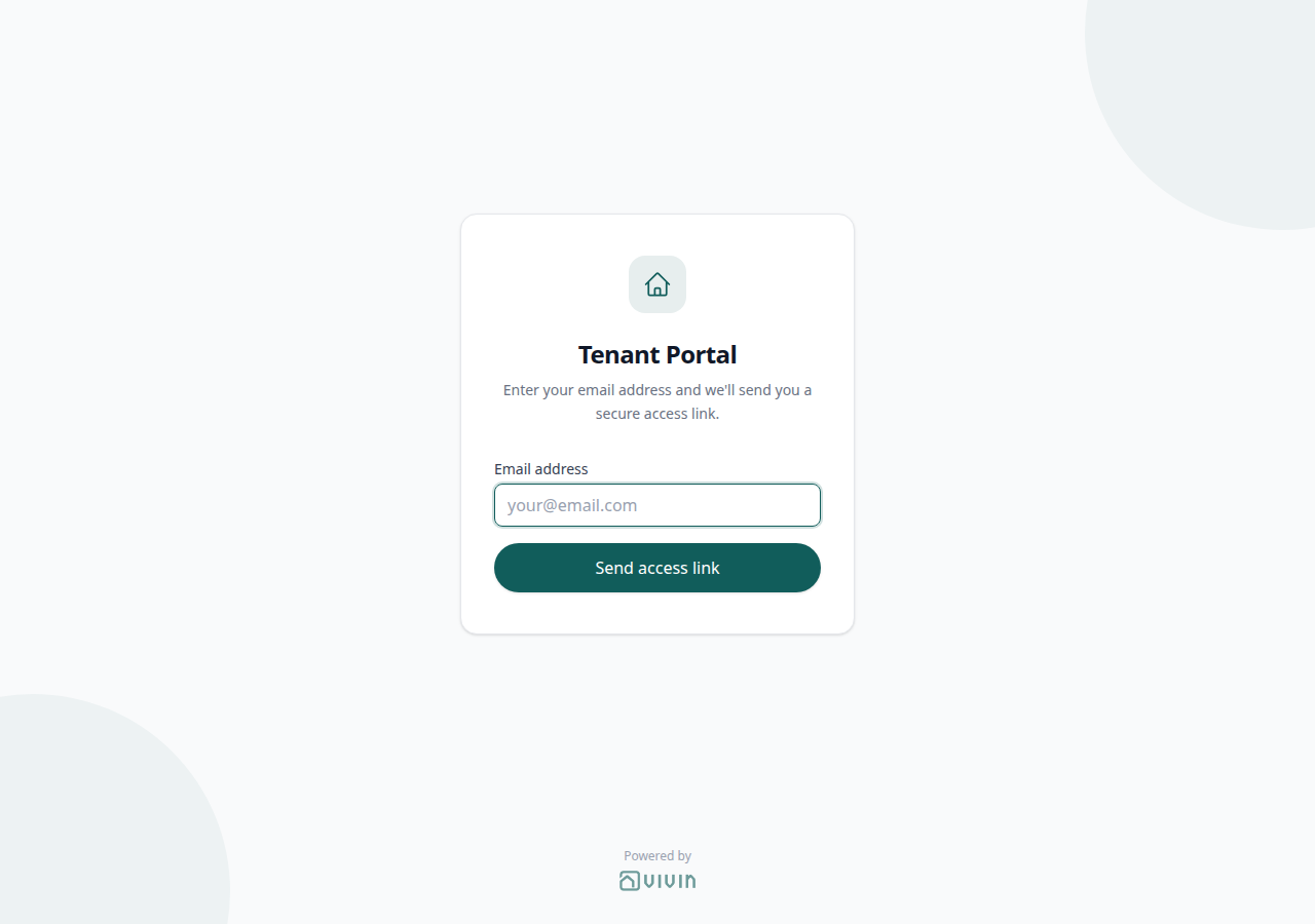 Tenant Portal — email access-link screen with Powered by VIVIN under Send access link