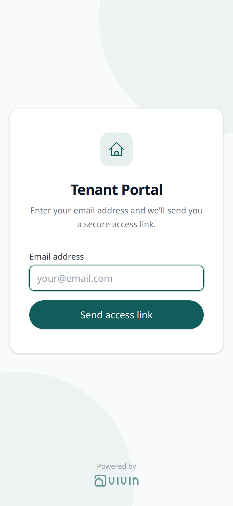 Tenant Portal — phone email access-link screen with Powered by VIVIN