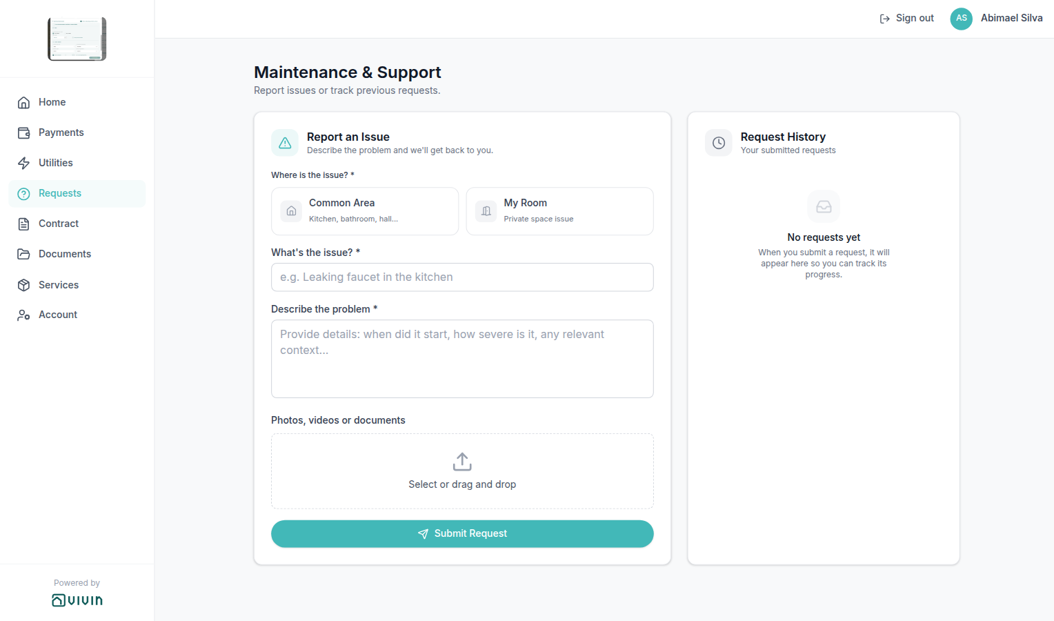 Tenant Portal — Requests History tab with status cards and staff notes
