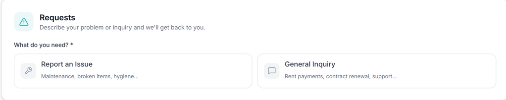 Tenant Portal — New Request What do you need tiles (Report an Issue and General Inquiry)