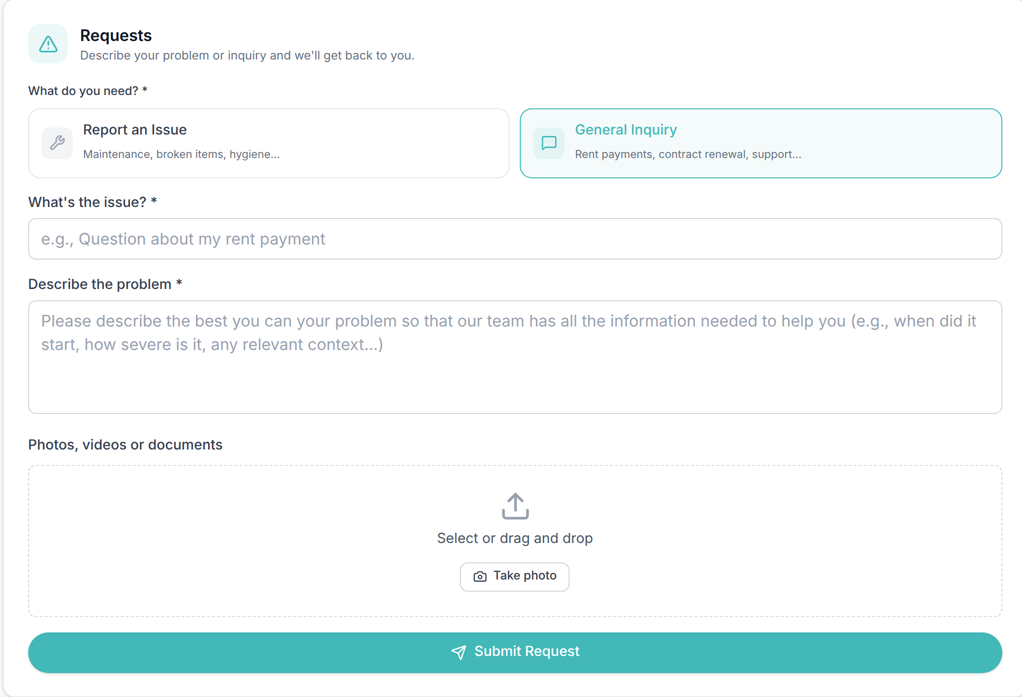 Tenant Portal — General Inquiry without location tiles and optional attachments