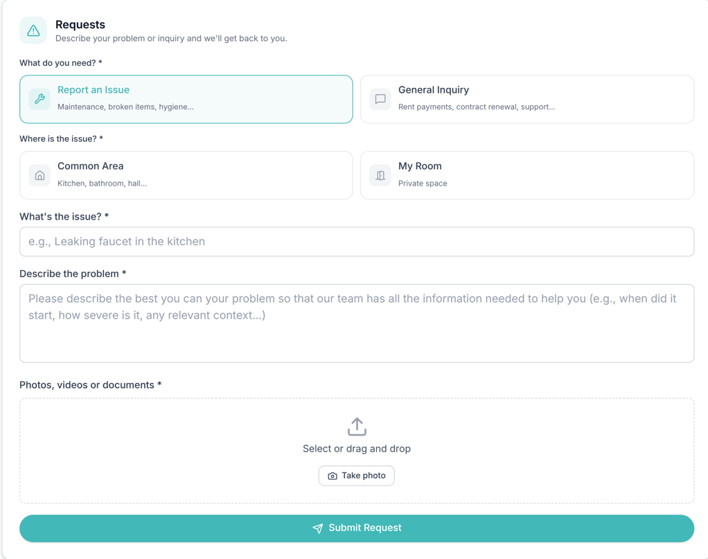 Tenant Portal — Report an Issue with Where is the issue and required photo upload