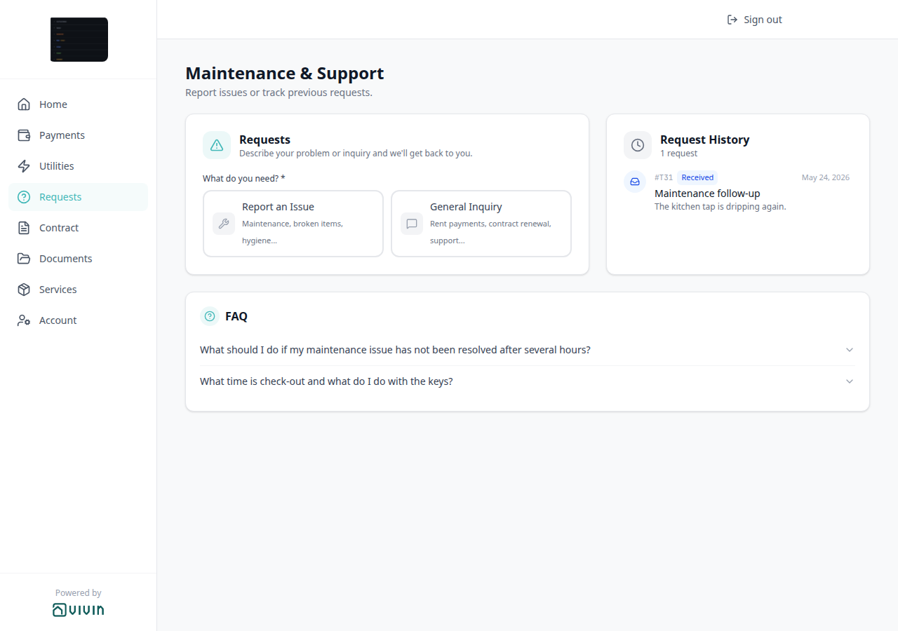 Tenant Portal — Requests page with Request History Received chip