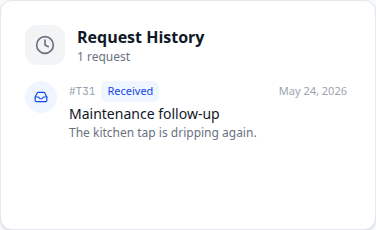 Tenant Portal — Request History chip Received on Maintenance follow-up
