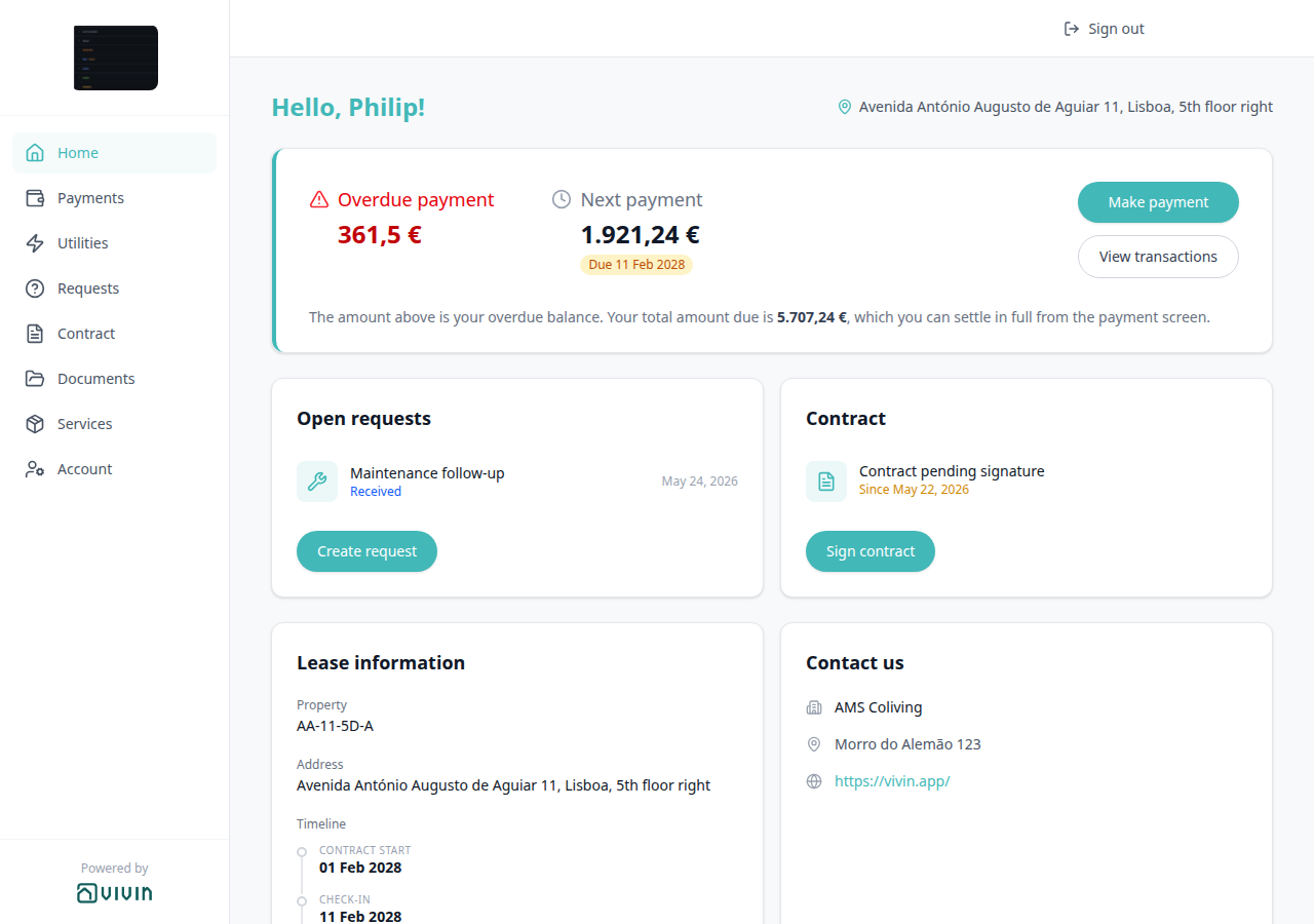 Tenant Portal — Home with Open requests Received