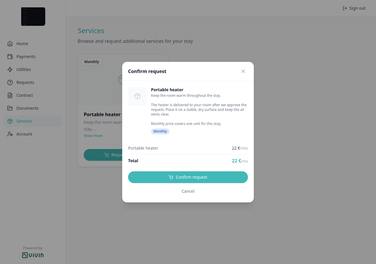 Tenant Portal — Services with Confirm request panel