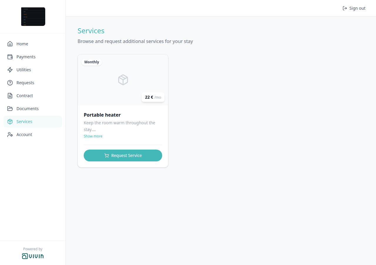 Tenant Portal — Services catalogue with Portable heater and Request Service