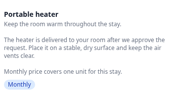 Tenant Portal — Confirm request Portable heater description and Monthly badge