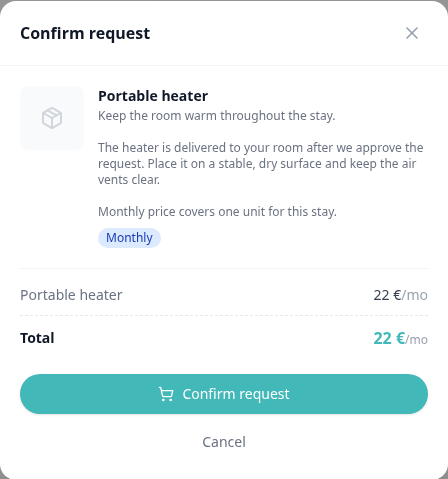 Tenant Portal — Confirm request panel with full description, Monthly badge, Total, and Cancel