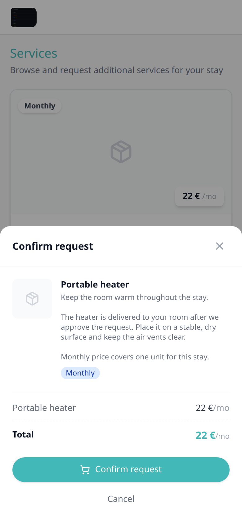 Tenant Portal — Confirm request on a phone