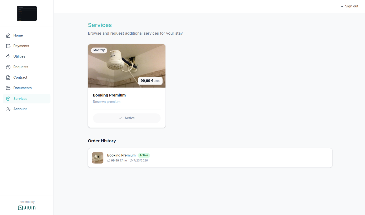 Tenant Portal — Order History with an Active monthly add-on