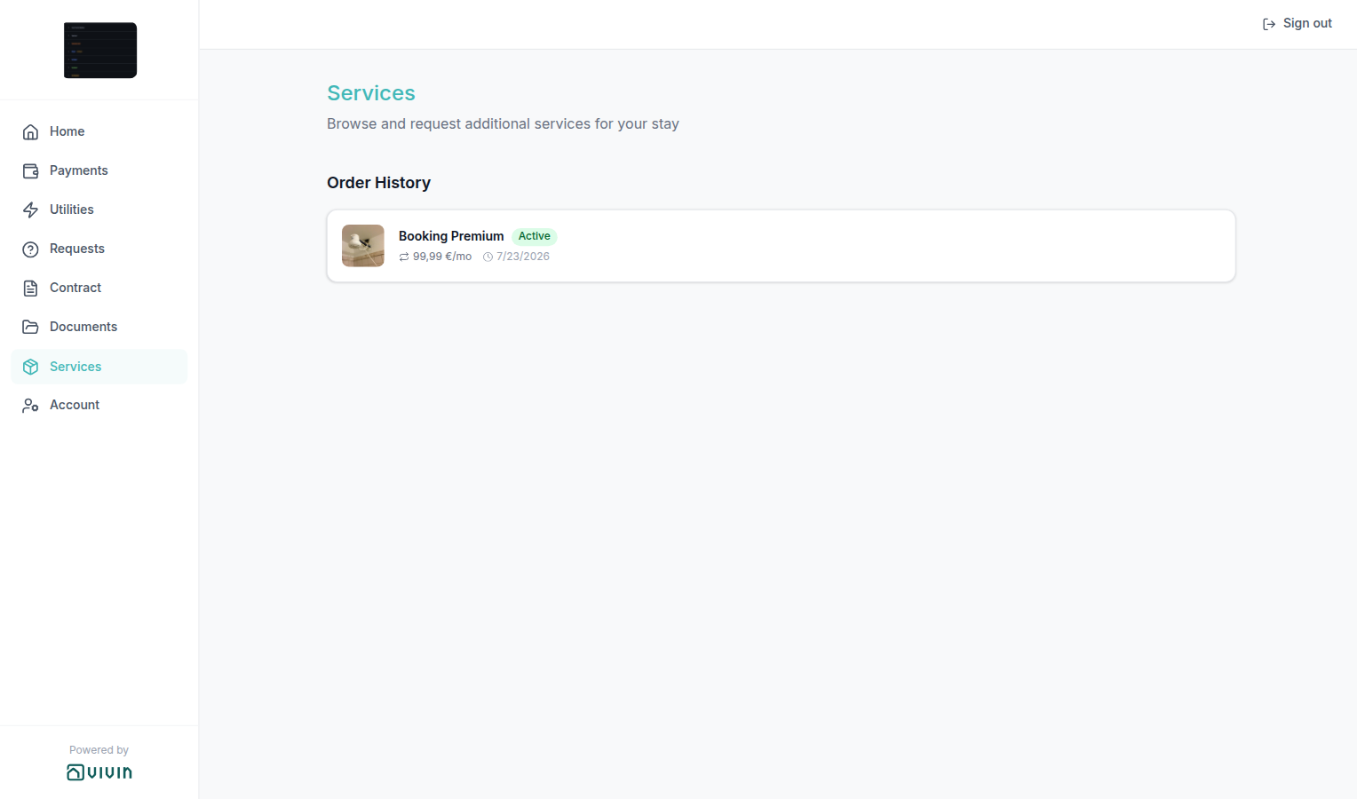 Tenant Portal — Order History row with Active badge, monthly price, and last-order date