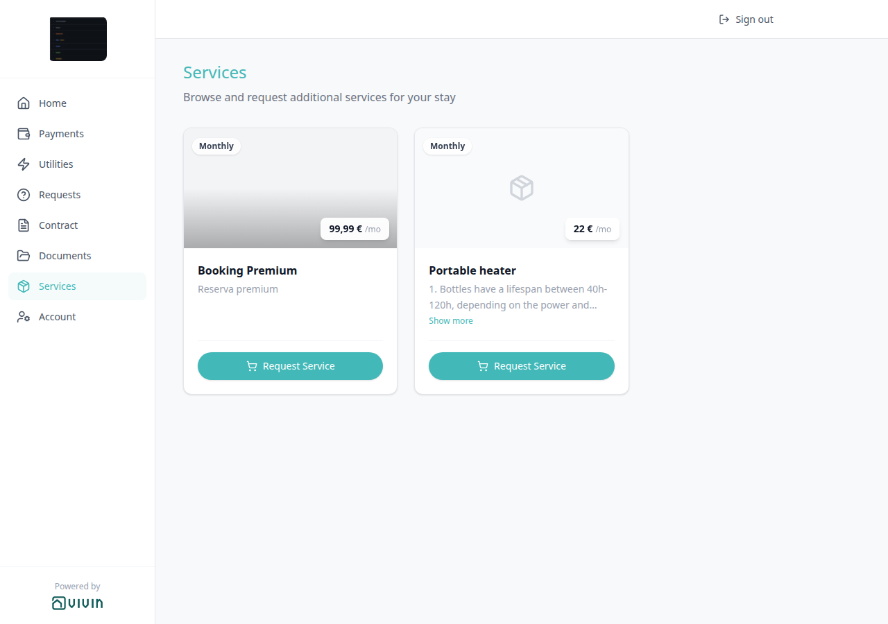 Tenant Portal — Services catalogue with Show more on a long description