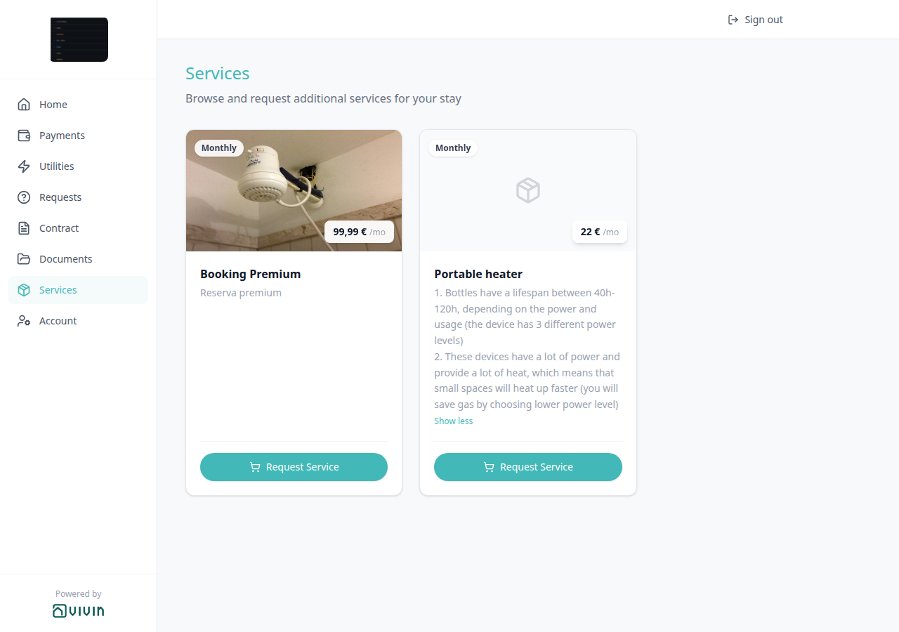 Tenant Portal — Services catalogue after Show more, with Show less