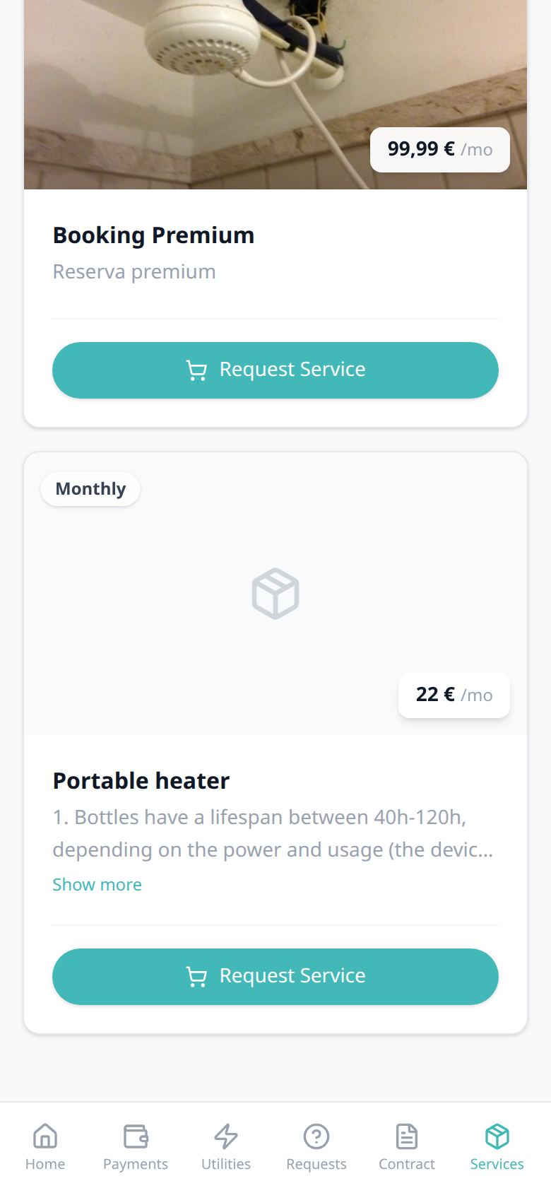 Tenant Portal — Services catalogue on a phone with Show more