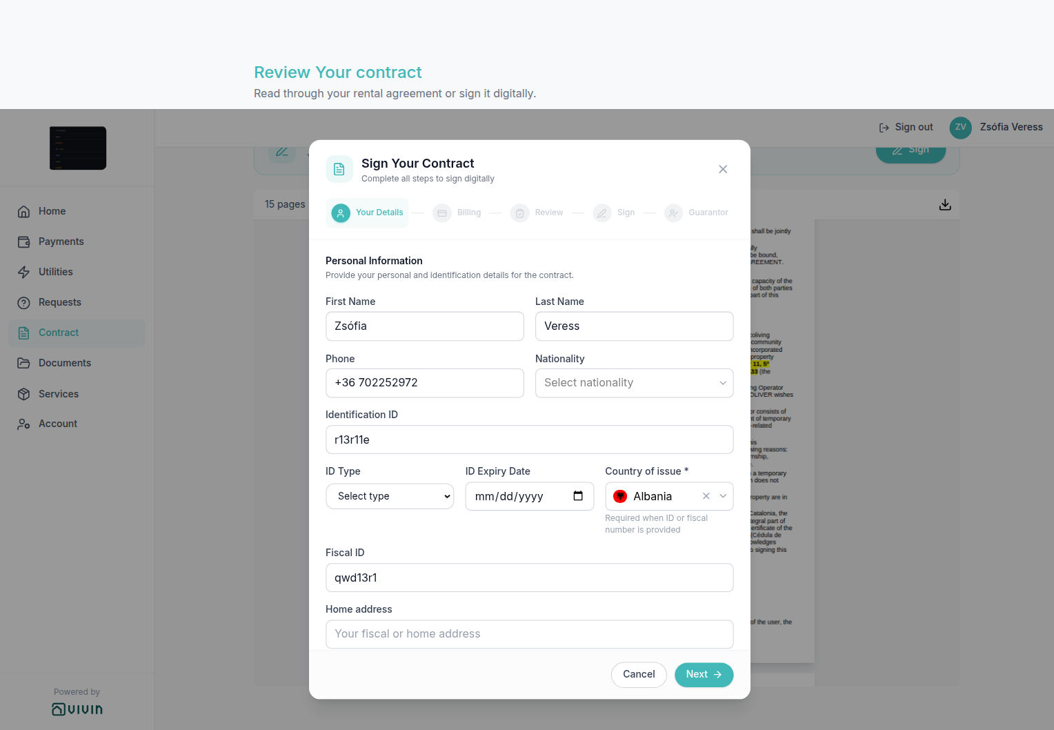 Tenant Portal — Sign Your Contract wizard with five-step indicator including Guarantor (booking has a guarantor on file)
