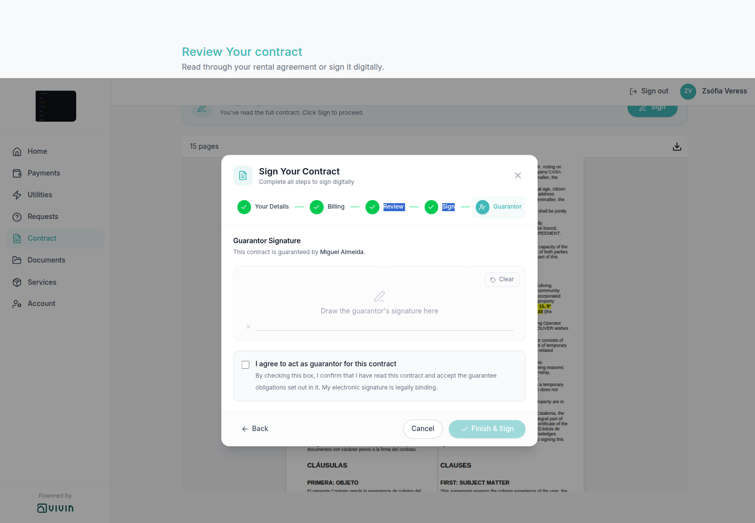 Tenant Portal — Sign Your Contract wizard, Guarantor step with guarantor name and signature canvas