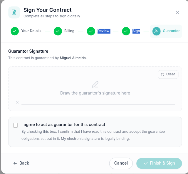 Tenant Portal — Guarantor signature panel (name, draw canvas, guarantor agreement, Finish &amp; Sign)