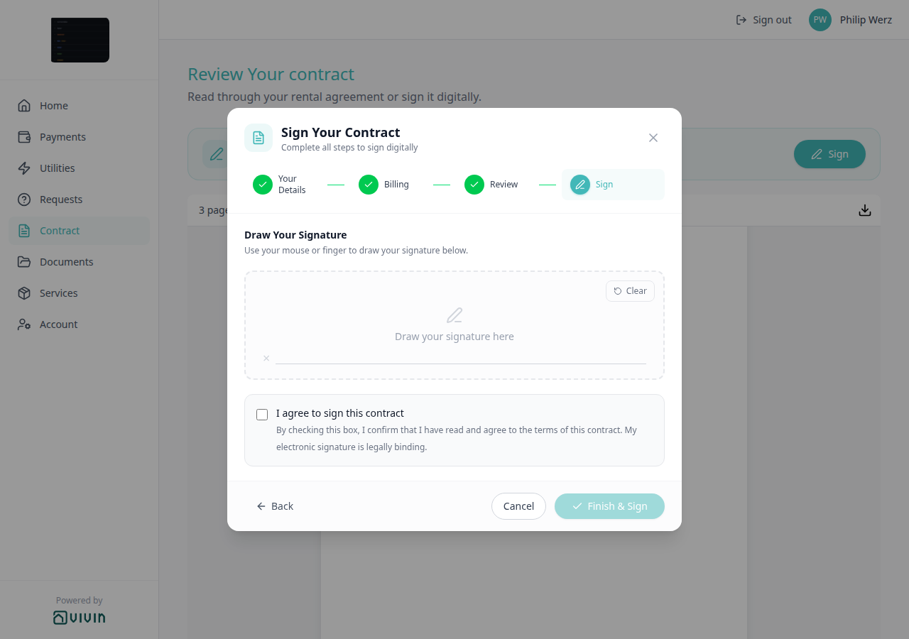 Tenant Portal — Sign Your Contract wizard, Sign step with signature canvas and Finish &amp; Sign
