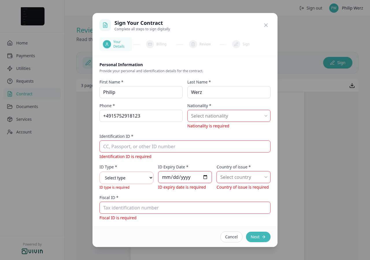 Tenant Portal — Sign Your Contract wizard, Your Details step with mandatory-field asterisks and validation errors
