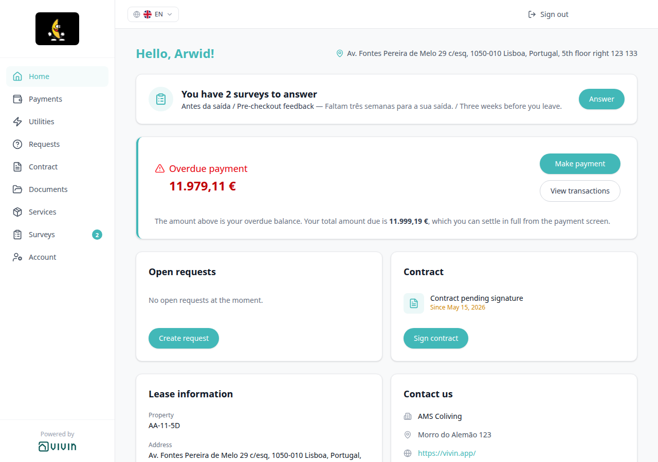 Tenant Portal — Home Surveys prompt You have 2 surveys to answer with Answer