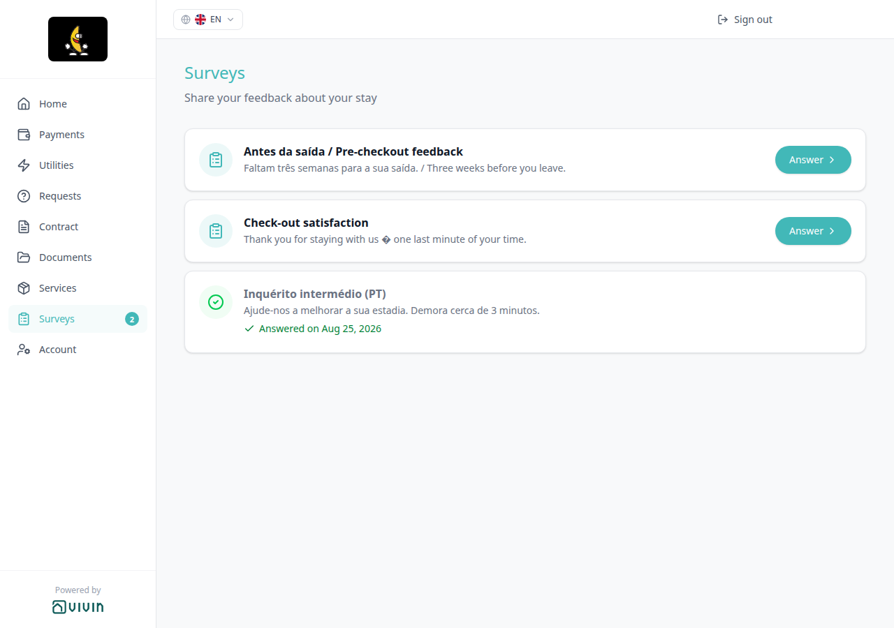 Tenant Portal — Surveys list after Answer with pending and answered rows