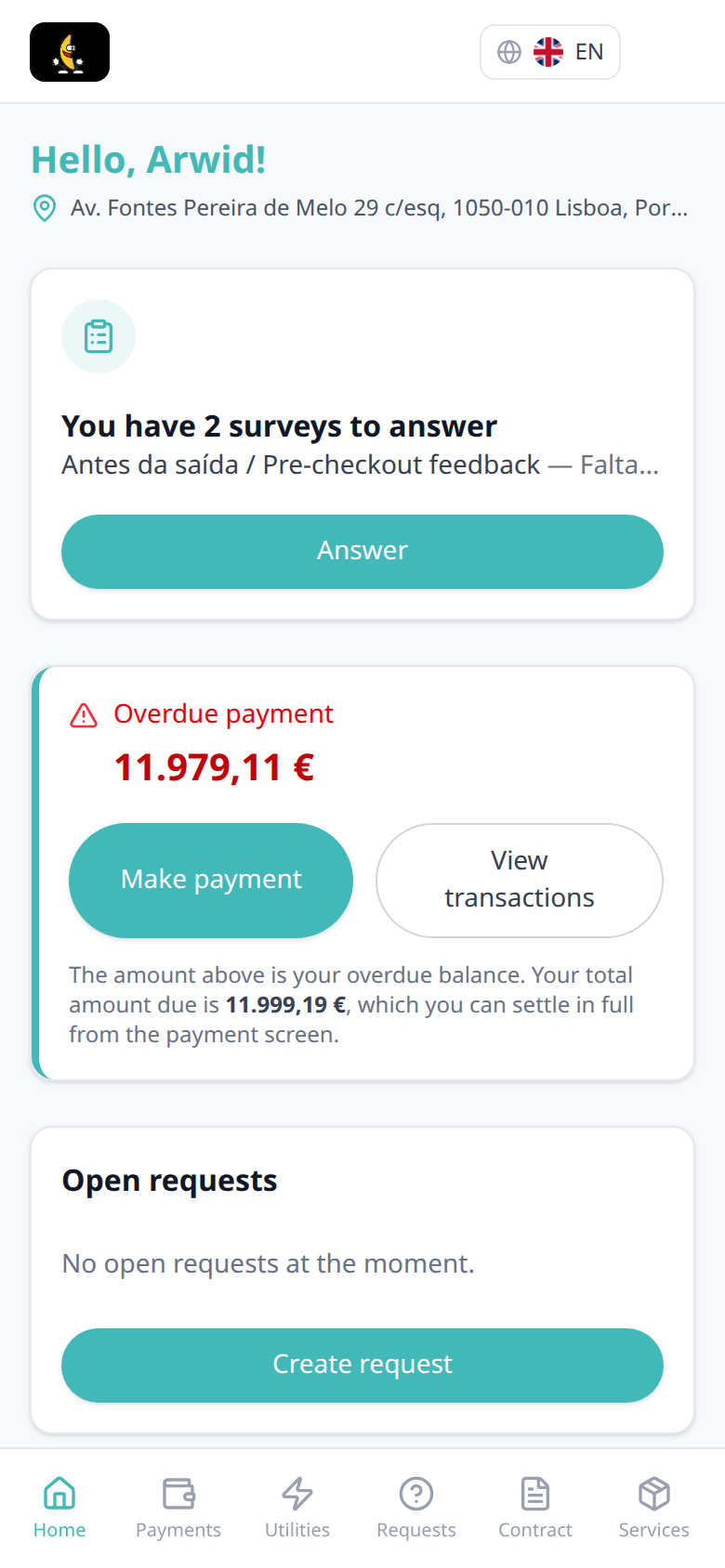 Tenant Portal — phone Home Surveys prompt stacked above overdue payment