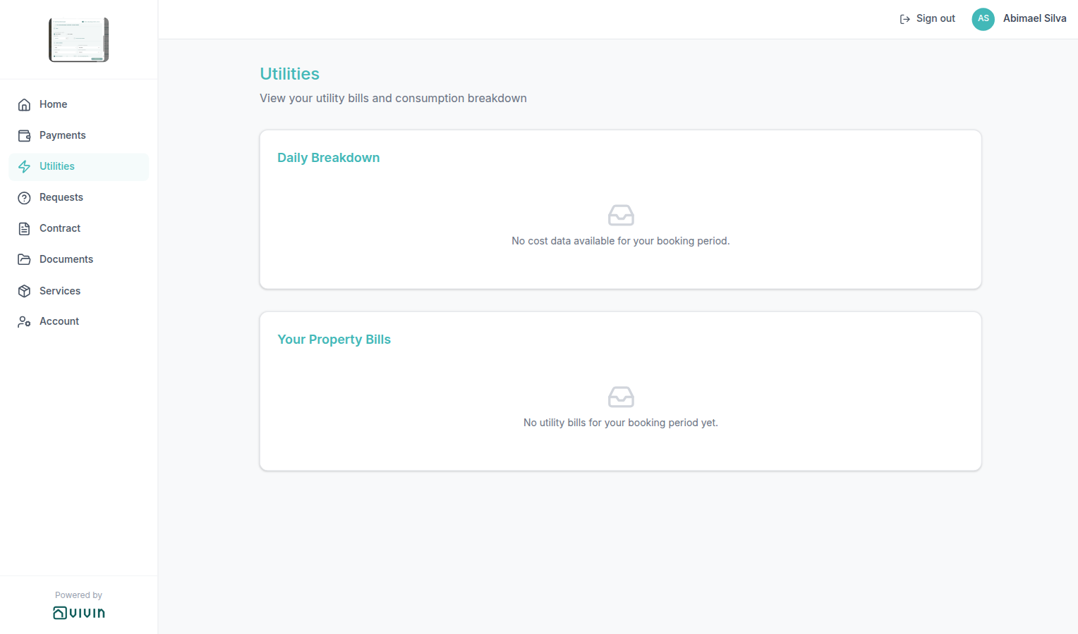 Tenant Portal — Utilities tab with daily consumption breakdown and cost allocation table