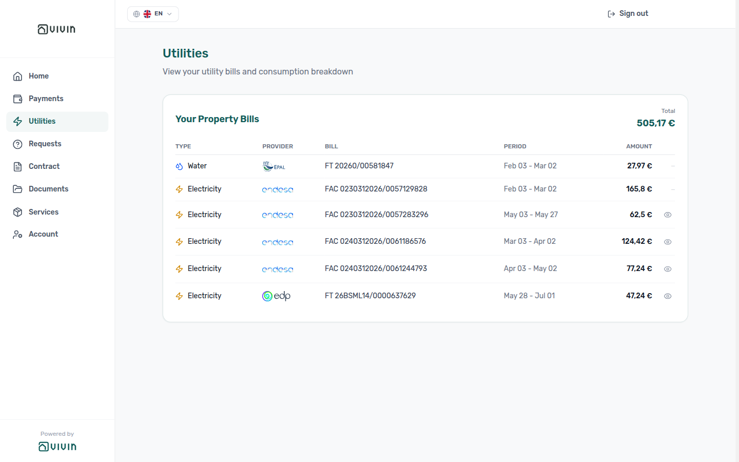 Tenant Portal — Your Property Bills with Type, Provider, Bill, Period, Amount, Total, and Preview