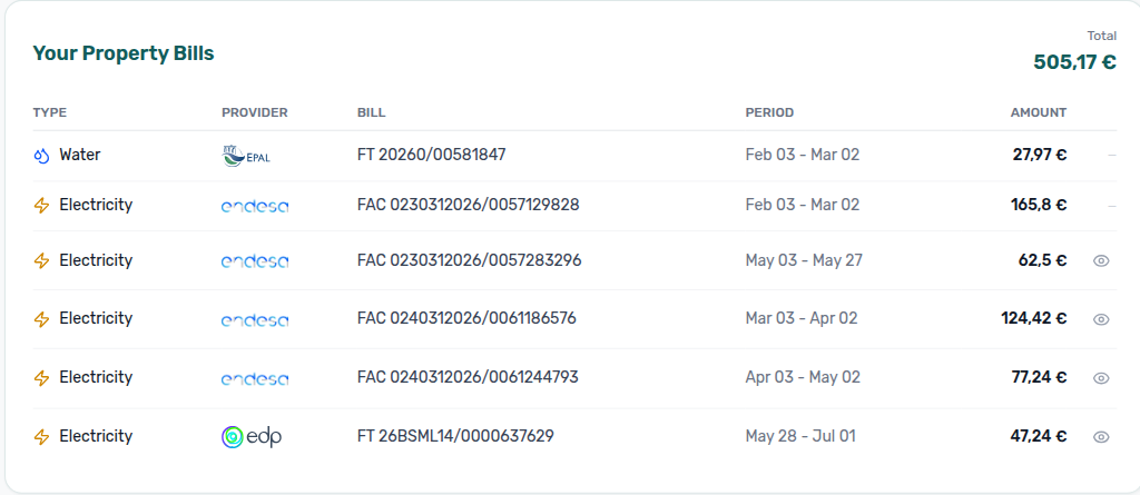 Tenant Portal — Your Property Bills card with Type, Provider, Bill, Period, Amount, Total, and eye Preview