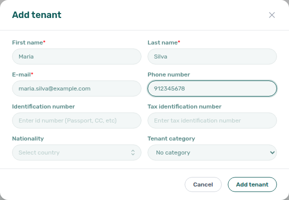 Tenants — Add tenant modal from Create New with sample identity fields (not submitted)