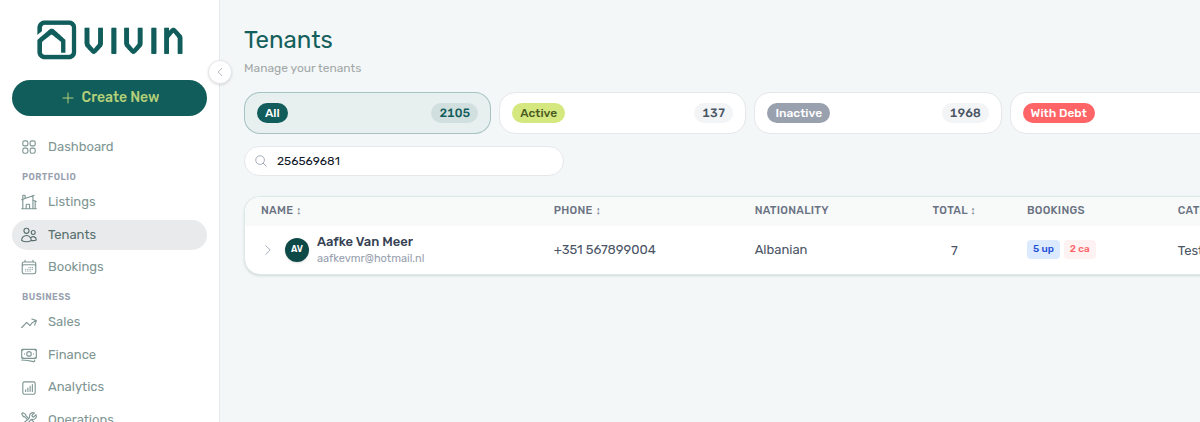Tenants — grid directory with Search narrowed by fiscal ID (NIF)